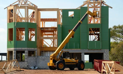A multi-story wooden house under construction using a crane on a sunny day.